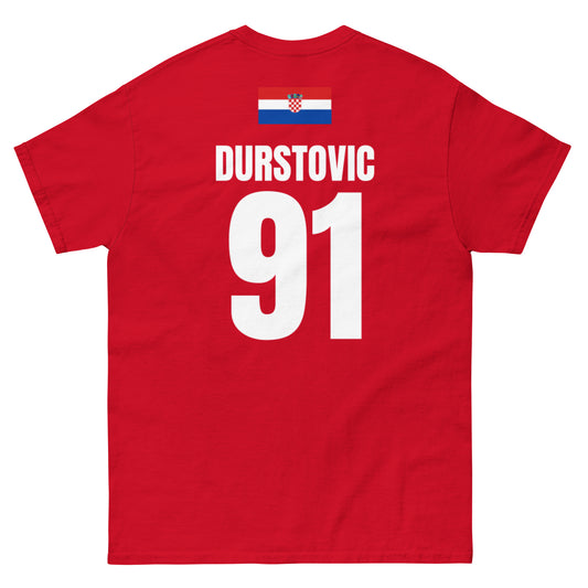 Rotes Kroatien Sauftrikot, Rückseite mit Name DURSTOVIC und Nummer 91 sowie Kroatien-Flagge oben am Rücken.
