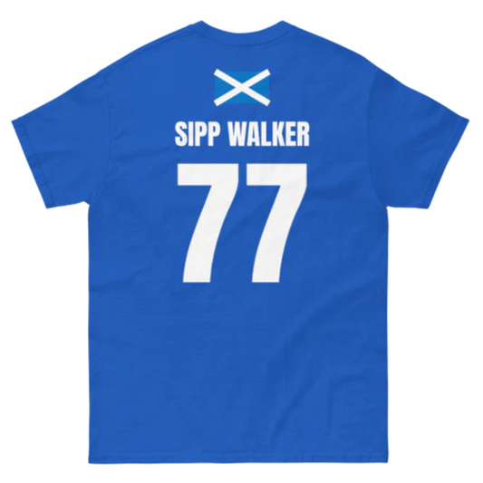 Dunkelblaues Schottland T-Shirt, Rückseite mit „SIPP WALKER“ 77 und Schottland-Flagge oben am Rücken