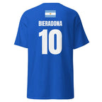Rückseite dunkelblaues Argentinien Sauf T-Shirt mit Flagge oben, Name Bieradona und Rückennummer 10.