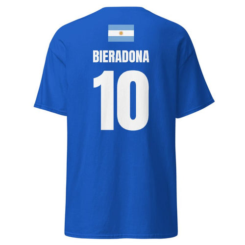 Rückseite dunkelblaues Argentinien Sauf T-Shirt mit Flagge oben, Name Bieradona und Rückennummer 10.