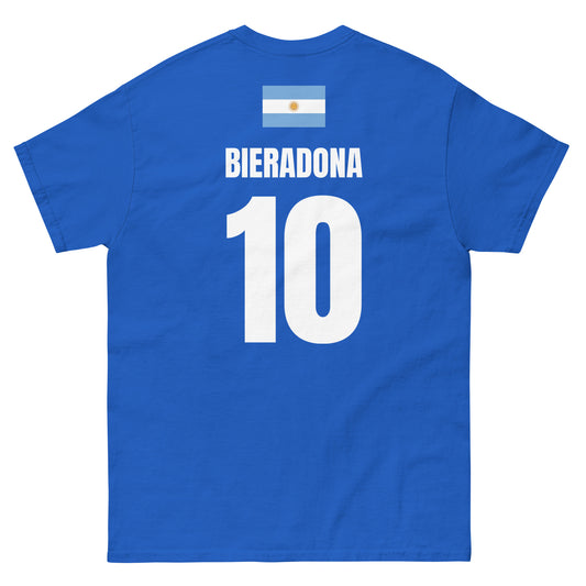 Rückseite dunkelblaues Argentinien Sauf T-Shirt mit Flagge oben, Name Bieradona und Rückennummer 10.