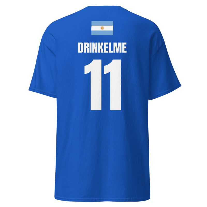 Dunkelblaues Sauftrikot für Argentinien, Rückenansicht mit Flagge, Aufdruck Drinkelme und Nummer 19 in Weiß.
