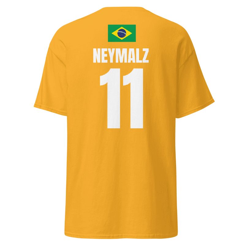Gelbes WM T-Shirt für Brasilien, Rückseite frei mit Name & Nummer NEYMALZ 11 und Brasilien-Flagge.