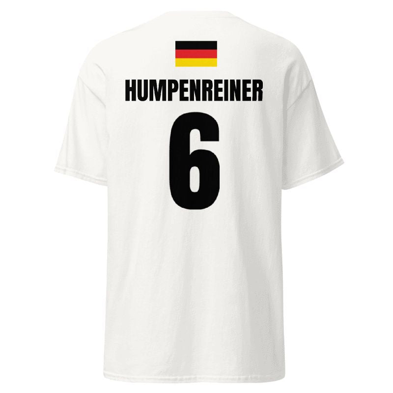 Weißes WM T-Shirt Deutschland als Freisteller, Rückenprint mit Deutschland-Flagge, HUMPENREINER und Nummer 6