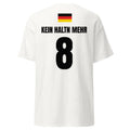 Weißes Sauftrikot für Deutschland, Rückseite als Freisteller mit Deutschland-Flagge, Name KEIN HALTN MEHR und Nummer 8
