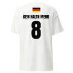 Weißes Sauftrikot für Deutschland, Rückseite als Freisteller mit Deutschland-Flagge, Name KEIN HALTN MEHR und Nummer 8
