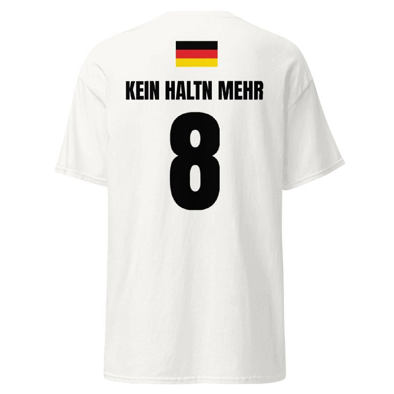 Weißes Sauftrikot für Deutschland, Rückseite als Freisteller mit Deutschland-Flagge, Name KEIN HALTN MEHR und Nummer 8
