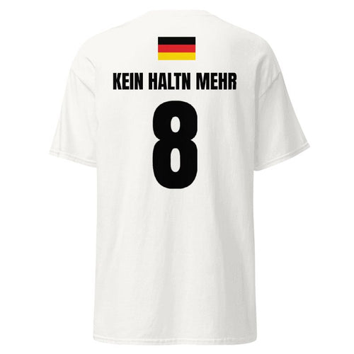 Weißes Sauftrikot für Deutschland, Rückseite als Freisteller mit Deutschland-Flagge, Name KEIN HALTN MEHR und Nummer 8
