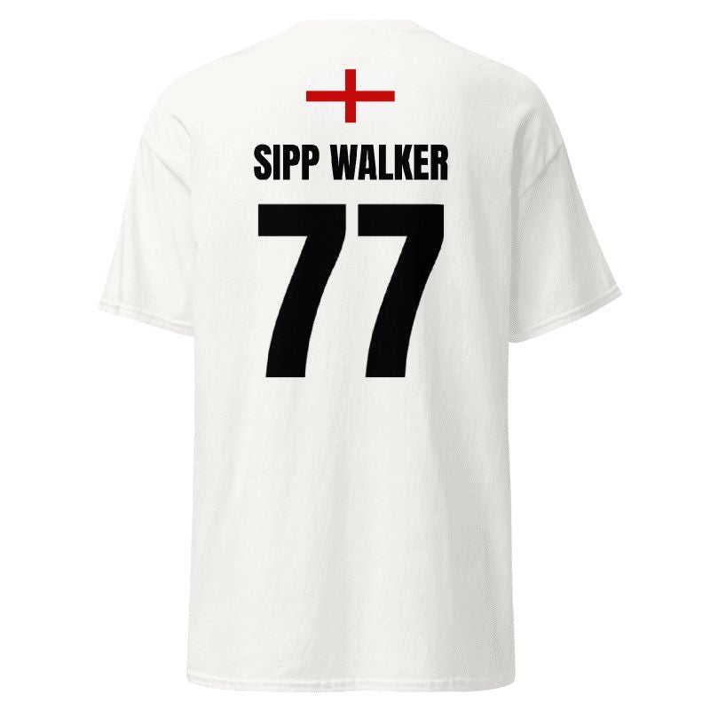 Weißes England T-Shirt, Rückseite mit „SIPP WALKER“ 77 und England-Flagge oben am Rücken