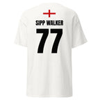 Weißes England T-Shirt, Rückseite mit „SIPP WALKER“ 77 und England-Flagge oben am Rücken