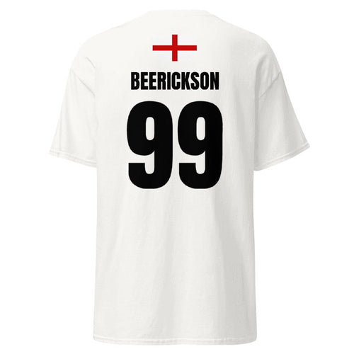 Weißes England WM T-Shirt, Rückseite mit „BEERICKSON“ 99 und England-Flagge oben am Rücken