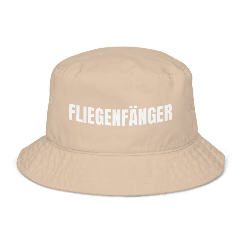 Beiger Fischerhut mit Spruch „Fliegenfänger“ vorne; Fischerhut mit Spruch und Text personalisierbar