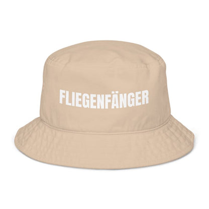 Beiger Fischerhut mit Spruch „Fliegenfänger“ vorne; Fischerhut mit Spruch und Text personalisierbar