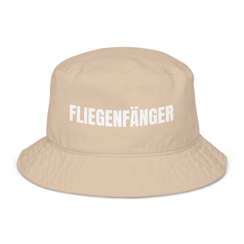 Beiger Fischerhut mit Spruch „Fliegenfänger“ vorne; Fischerhut mit Spruch und Text personalisierbar
