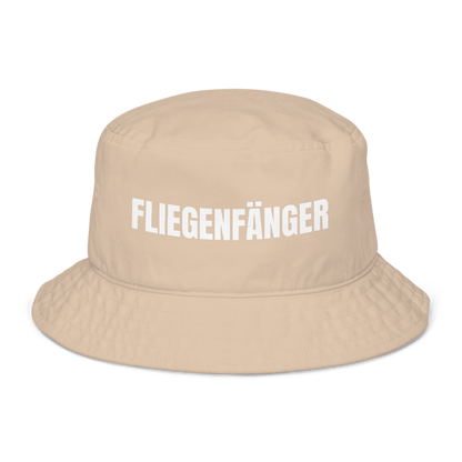 Beiger Fischerhut mit Spruch „Fliegenfänger“ vorne; Fischerhut mit Spruch und Text personalisierbar