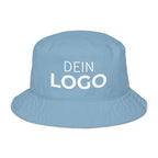 Blauer Fischerhut mit „DEIN LOGO“-Aufdruck, Frontansicht – Fischerhut bedrucken