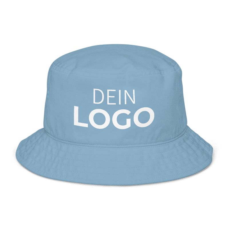 Blauer Fischerhut mit „DEIN LOGO“-Aufdruck, Frontansicht – Fischerhut bedrucken