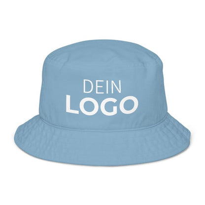 Blauer Fischerhut mit „DEIN LOGO“-Aufdruck, Frontansicht – Fischerhut bedrucken