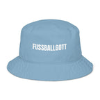 Blauer Fischerhut mit Spruch „Fußballgott“ vorne; Fischerhut selbst gestalten mit Wunschtext und Druck