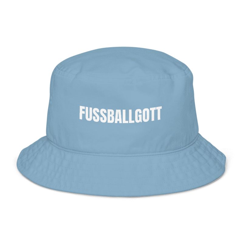 Blauer Fischerhut mit Spruch „Fußballgott“ vorne; Fischerhut selbst gestalten mit Wunschtext und Druck