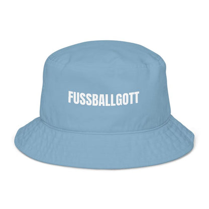 Blauer Fischerhut mit Spruch „Fußballgott“ vorne; Fischerhut selbst gestalten mit Wunschtext und Druck