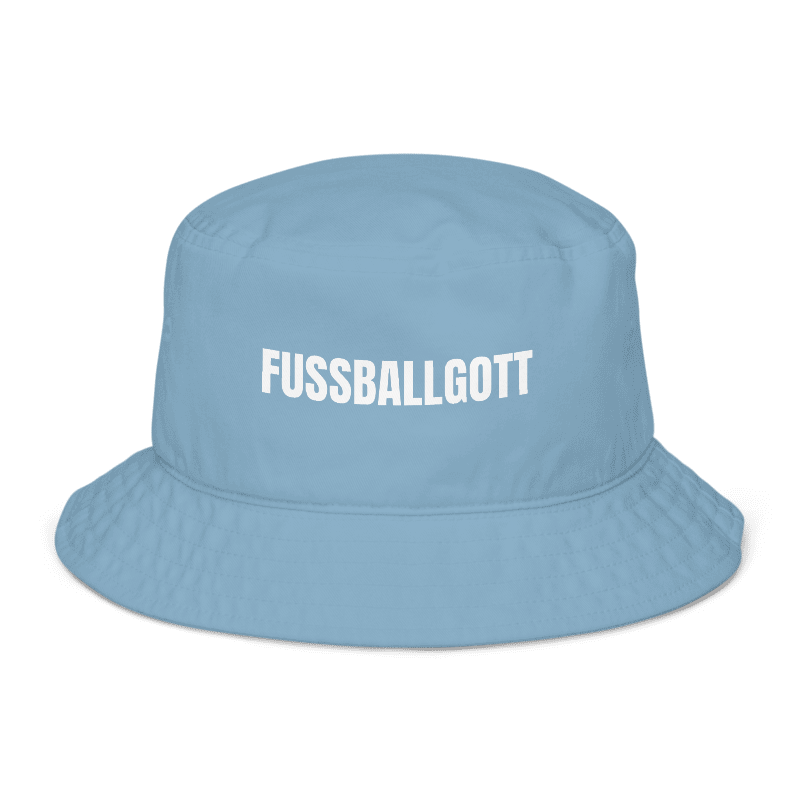 Blauer Fischerhut mit Spruch „Fußballgott“ vorne; Fischerhut selbst gestalten mit Wunschtext und Druck