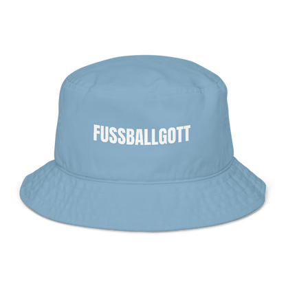 Blauer Fischerhut mit Spruch „Fußballgott“ vorne; Fischerhut selbst gestalten mit Wunschtext und Druck