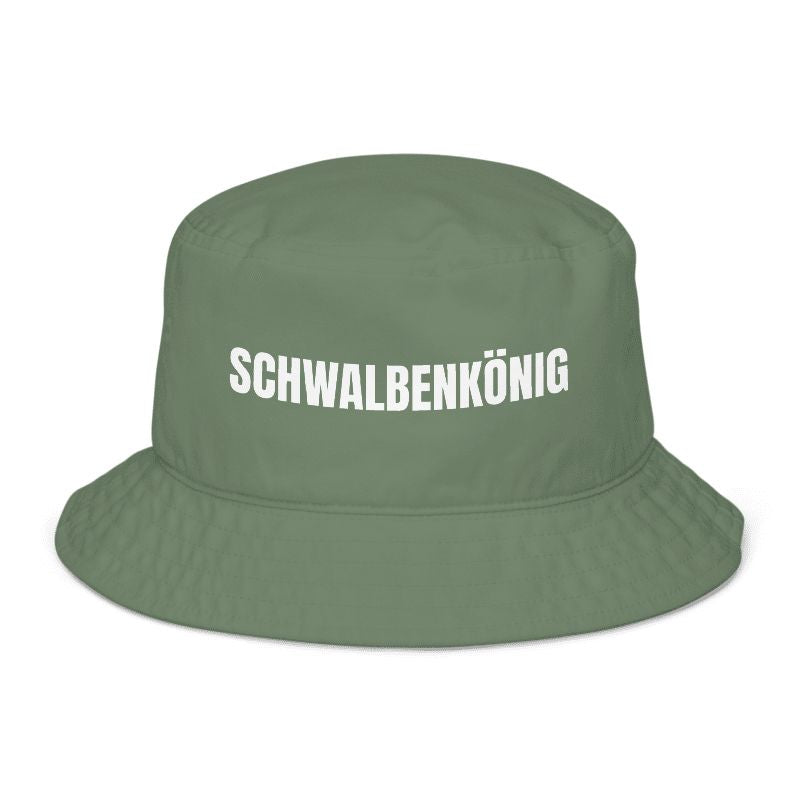 Grüner Fischerhut mit Spruch „Schwalbenkönig“ vorne; Fischerhut mit Spruch, Text personalisierbar und bedruckt