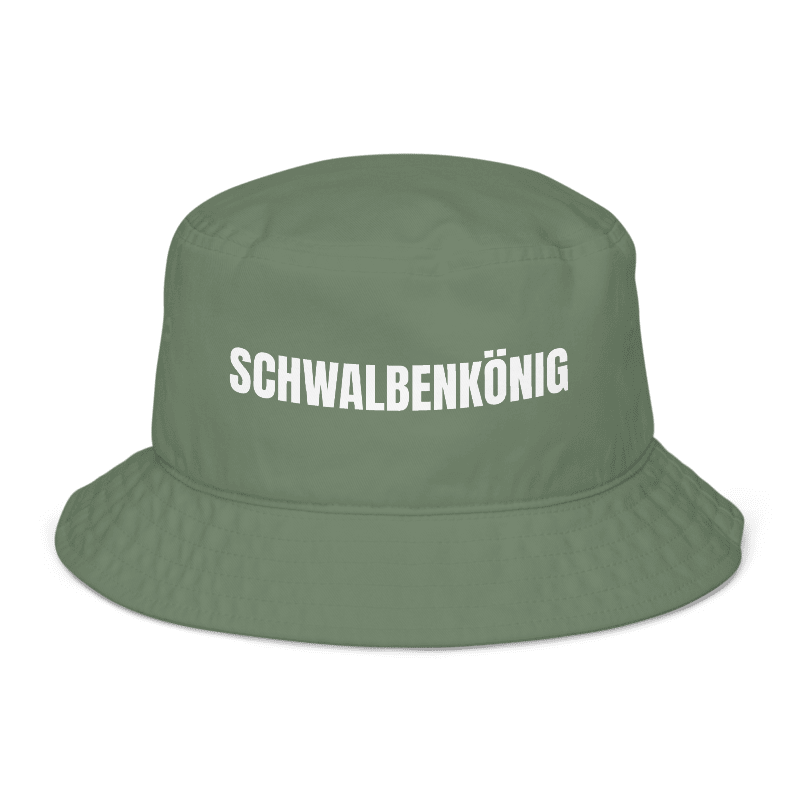 Grüner Fischerhut mit Spruch „Schwalbenkönig“ vorne; Fischerhut mit Spruch, Text personalisierbar und bedruckt