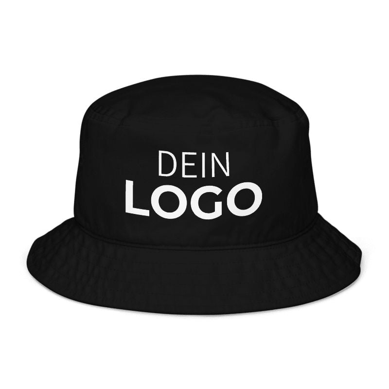 Schwarzer Fischerhut mit „DEIN LOGO“-Aufdruck, Frontansicht – Fischerhut gestalten