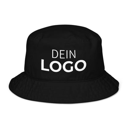 Schwarzer Fischerhut mit „DEIN LOGO“-Aufdruck, Frontansicht – Fischerhut gestalten