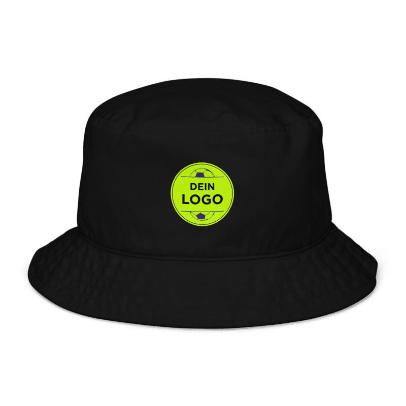 Schwarzer Fischerhut mit grünem „DEIN LOGO“-Patch, freigestellte Frontansicht – Fischerhut mit Logo