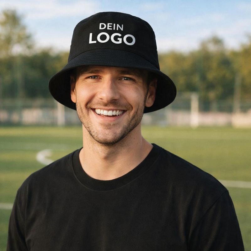 Schwarzer Fischerhut mit „DEIN LOGO“-Schrift, getragen von Mann auf Sportplatz – Fischerhut bedrucken