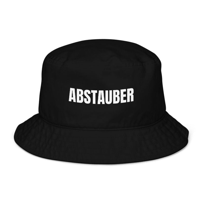 Schwarzer Fischerhut mit Spruch „Abstauber“ vorne; Fischerhut mit Spruch, Text personalisierbar und klar lesbar