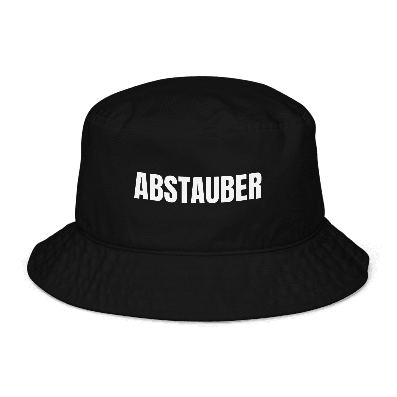 Schwarzer Fischerhut mit Spruch „Abstauber“ vorne; Fischerhut mit Spruch, Text personalisierbar und klar lesbar