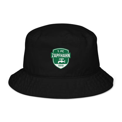 Schwarzer Fischerhut mit Patch „1. FC Zapfhahn 1919“, freigestellte Frontansicht – Fischerhut mit Logo