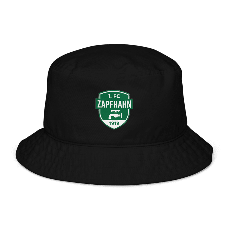 Schwarzer Fischerhut mit Patch „1. FC Zapfhahn 1919“, freigestellte Frontansicht – Fischerhut mit Logo