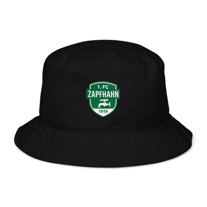 Schwarzer Fischerhut mit Patch „1. FC Zapfhahn 1919“, freigestellte Frontansicht – Fischerhut mit Logo