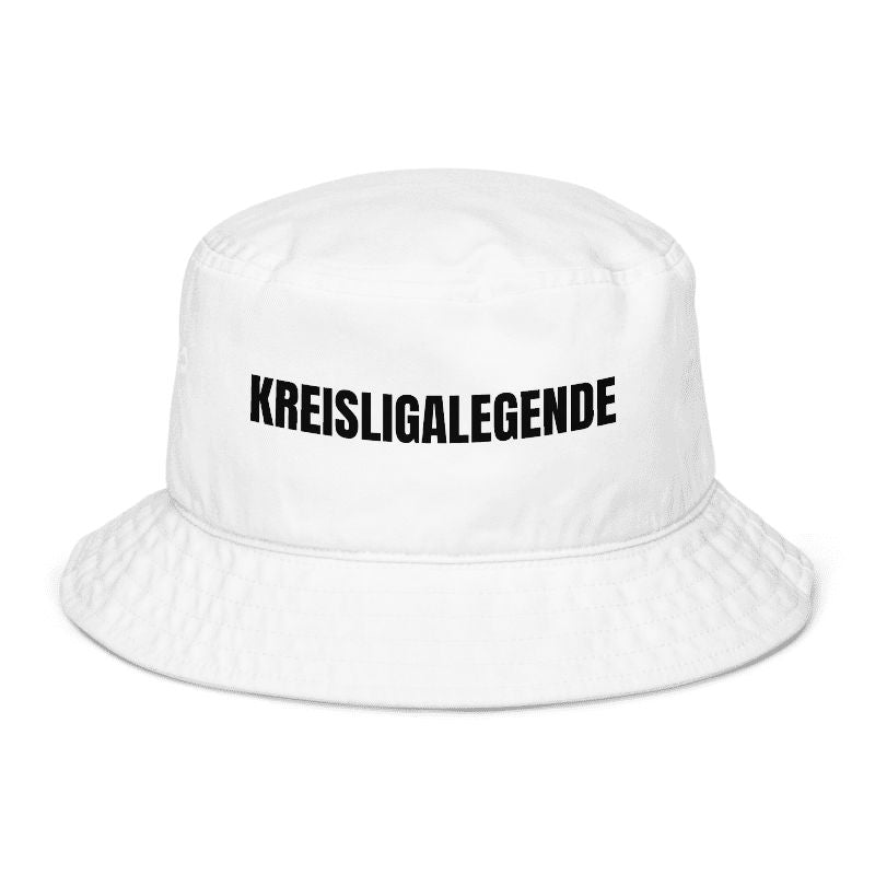 Weißer Fischerhut mit Spruch „Kreisligalegende“ vorne; Fischerhut selbst gestalten mit eigenem Text möglich