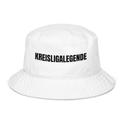 Weißer Fischerhut mit Spruch „Kreisligalegende“ vorne; Fischerhut selbst gestalten mit eigenem Text möglich
