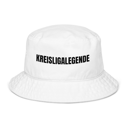 Weißer Fischerhut mit Spruch „Kreisligalegende“ vorne; Fischerhut selbst gestalten mit eigenem Text möglich