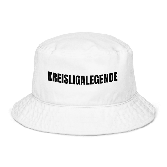 Weißer Fischerhut mit Spruch „Kreisligalegende“ vorne; Fischerhut selbst gestalten mit eigenem Text möglich
