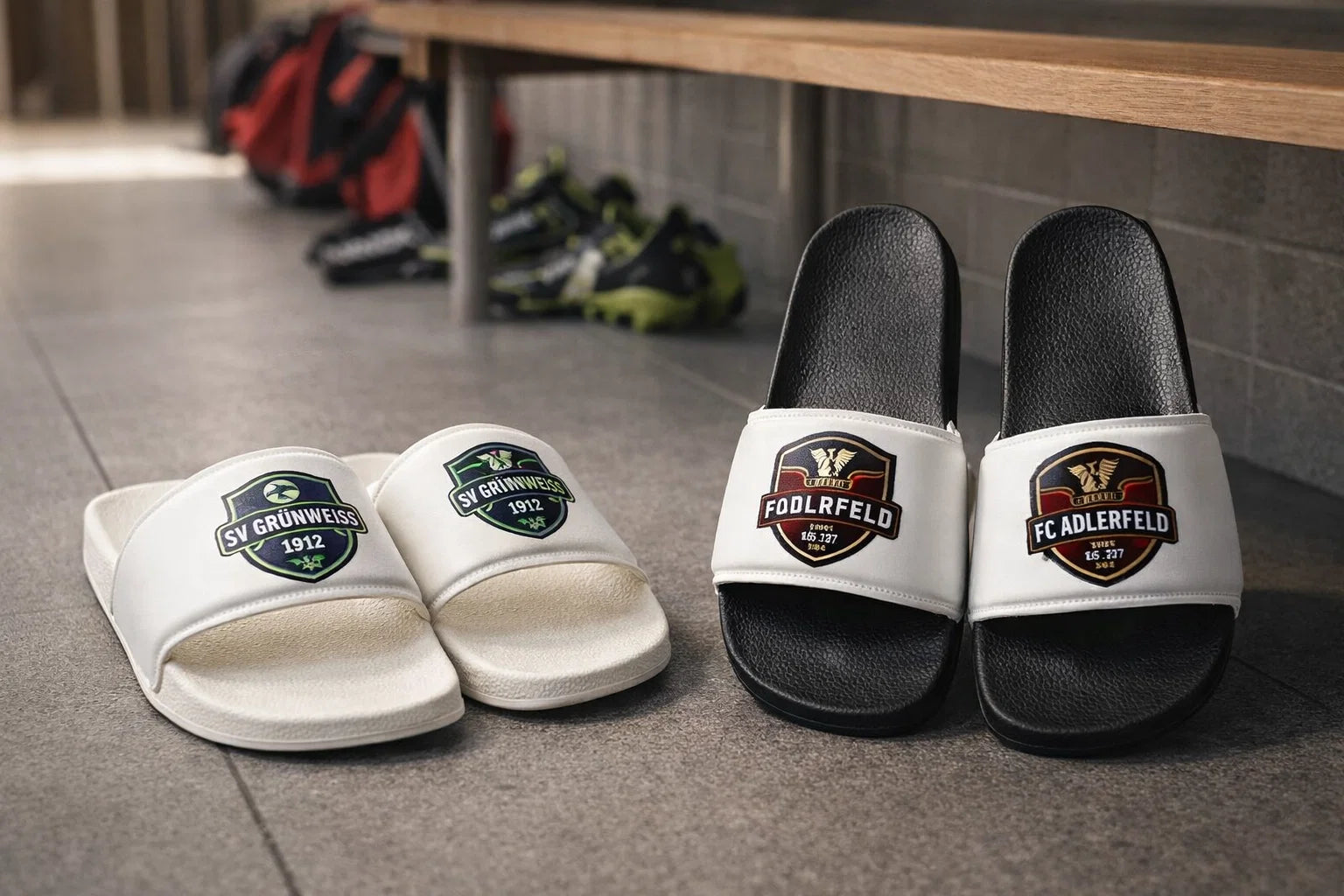 Personalisierte Adiletten mit Vereinslogos in der Umkleide (Adiletten personalisieren)