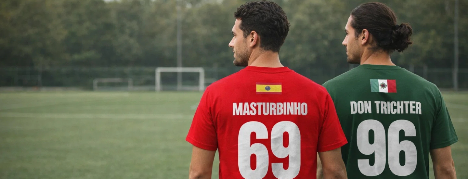 Zwei personalisierte WM T-Shirts mit Länderflaggen, Namen und Nummern im Trikot-Look (WM T-Shirts gestalten)