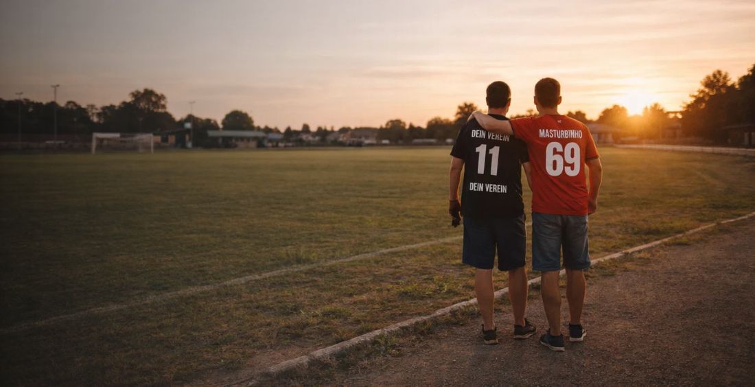 Zwei Männer mit personalisierten Shirts auf einem Fußballplatz bei Sonnenuntergang – Hero-Bild für Kreisliga-Style selbst gestalten