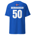 Dunkelblaues Island Sauf T-Shirt als Rückenansicht mit Island-Flagge oben, Name BIERBAUCHSON und Nummer 50.