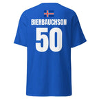 Dunkelblaues Island Sauf T-Shirt als Rückenansicht mit Island-Flagge oben, Name BIERBAUCHSON und Nummer 50.