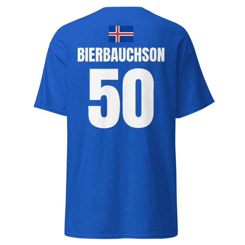 Dunkelblaues Island Sauf T-Shirt als Rückenansicht mit Island-Flagge oben, Name BIERBAUCHSON und Nummer 50.