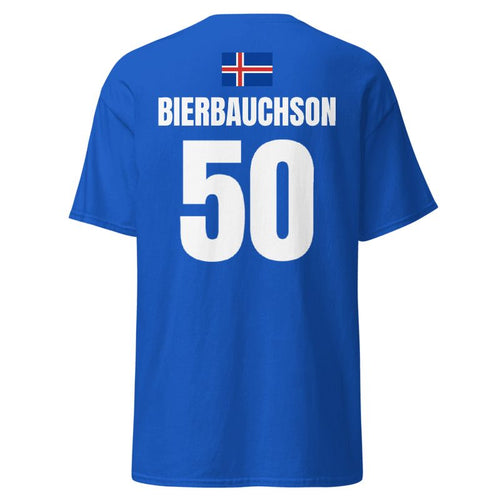 Dunkelblaues Island Sauf T-Shirt als Rückenansicht mit Island-Flagge oben, Name BIERBAUCHSON und Nummer 50.