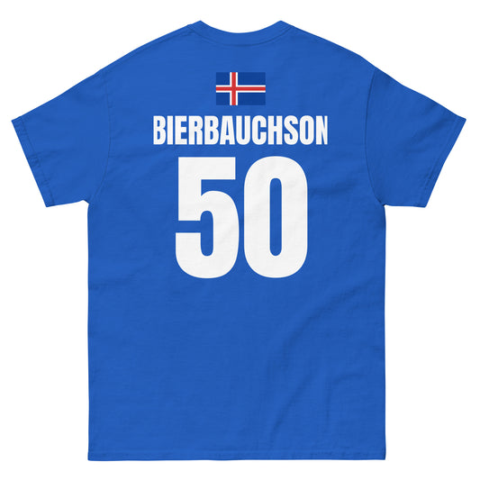 Dunkelblaues Island Sauf T-Shirt als Rückenansicht mit Island-Flagge oben, Name BIERBAUCHSON und Nummer 50.